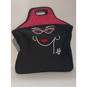 Lulu Guinness Tote Bag Purse Black & Red Canvas & Straw Embroidered Face